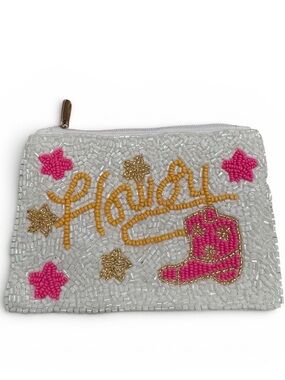 Beaded “Howdy” Coin Purse Pink Cowgirl Boot Western Zip Pouch